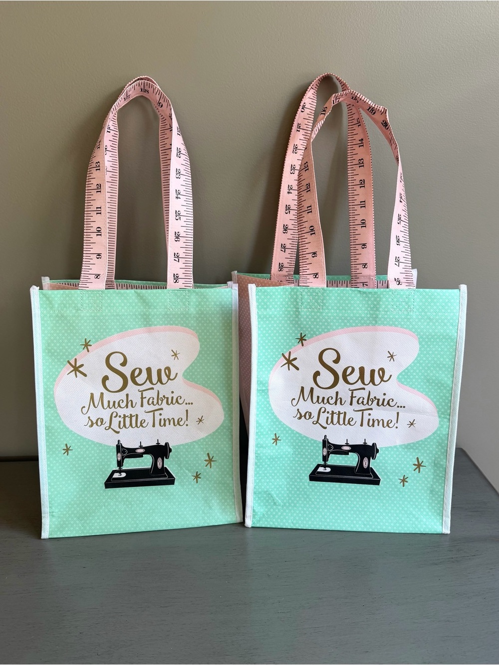 Joann's Sew Much Fabric Reusable Gift Tote Bag w/ Pink Measuring Tape Handles x2